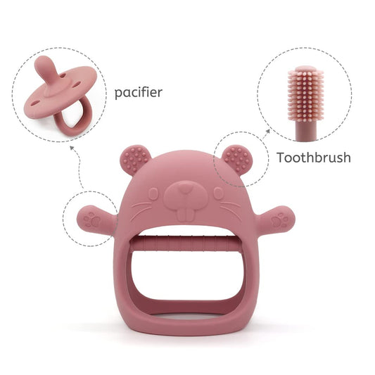 Groundhog Teether Set, Baby Teething Toy, Anti Drop Silicone Mitten Teether, Infant Chew Toy, Teething Pain Relief Toy, Pacifier 2 in 1